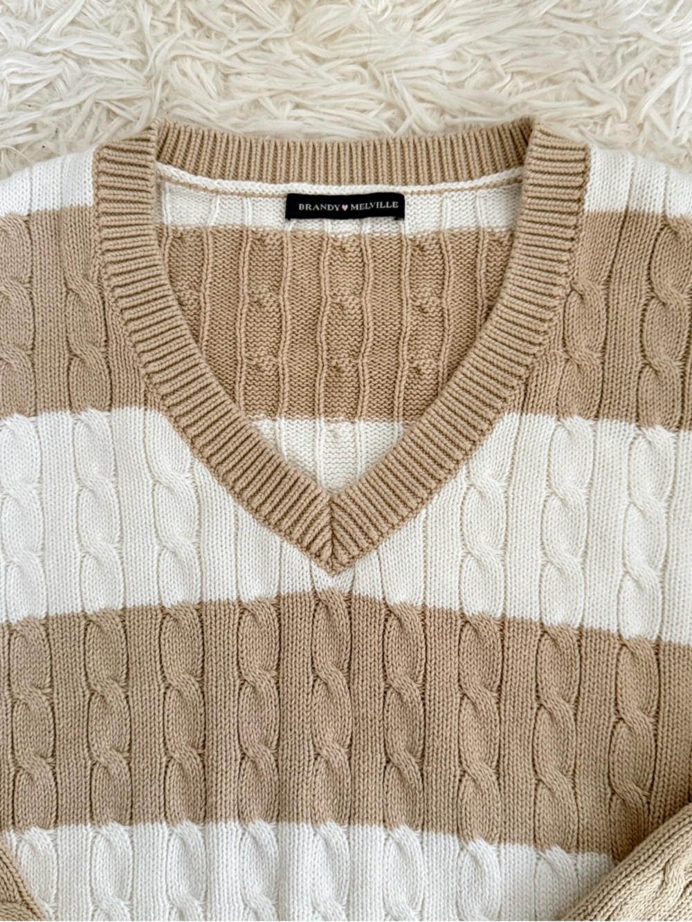 Brandy Melville Beige & White Striped Cable Knit V-Neck oversized Sweater